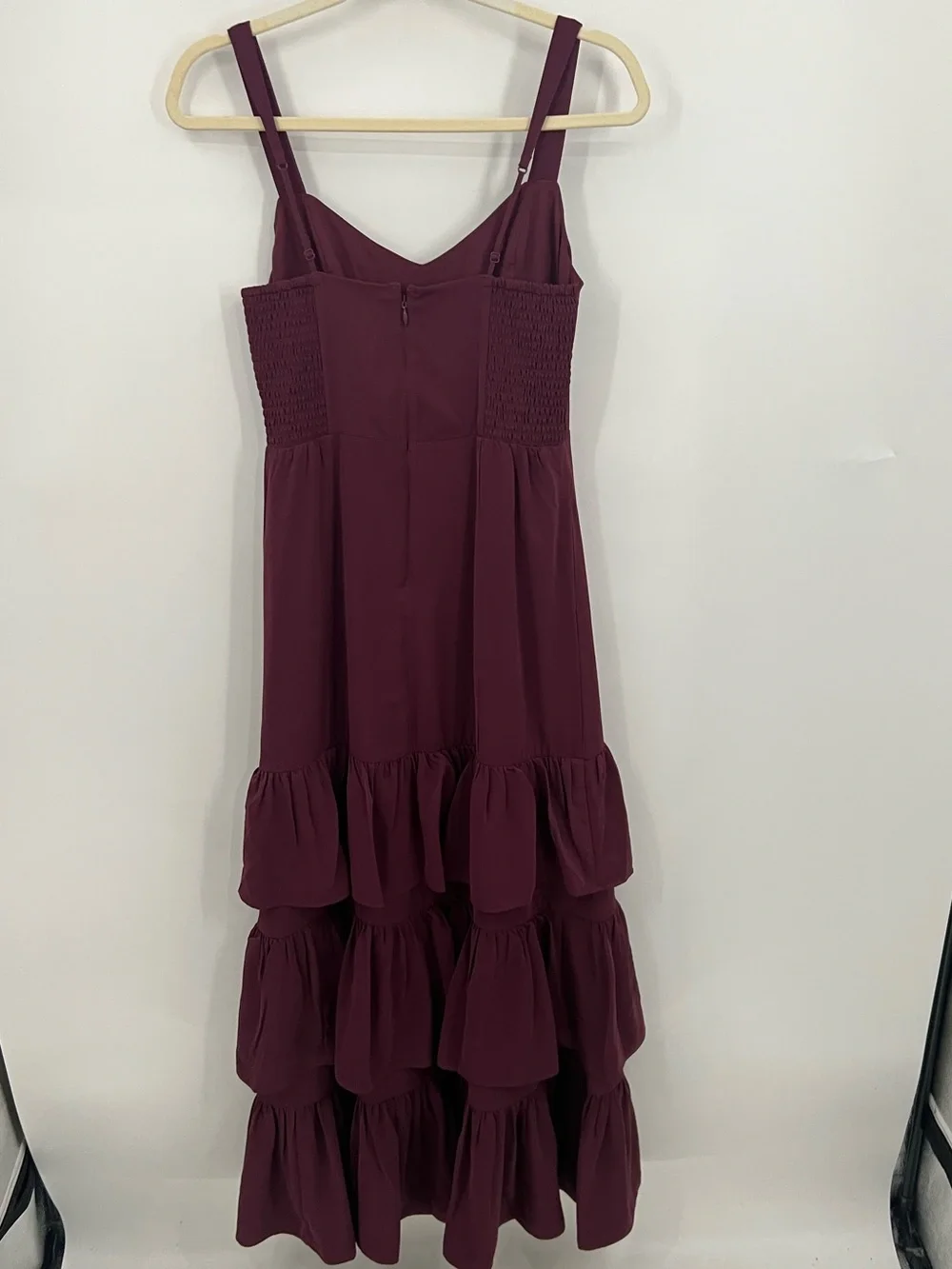 Abercrombie & Fitch Maroon Matte Satin Tiered Ruffle Maxi Dress